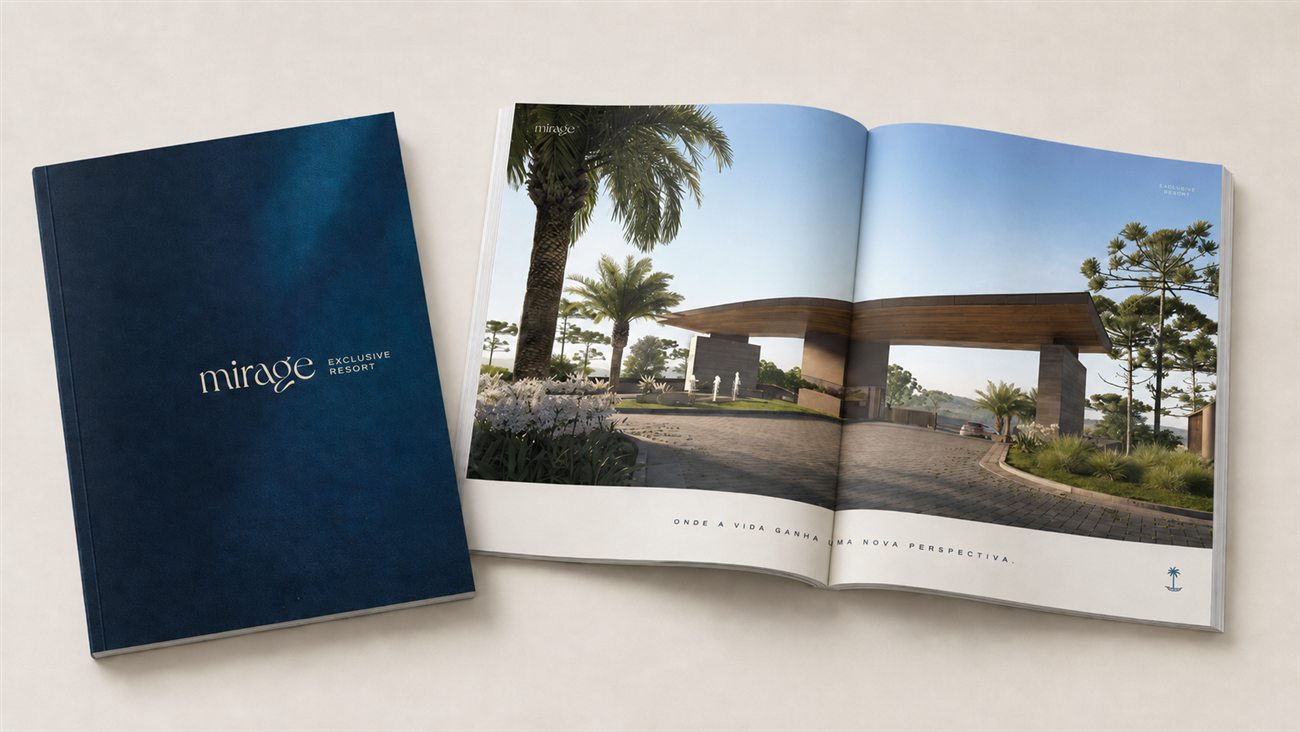 Catálogo do Mirage Exclusive Resort — capa e páginas internas